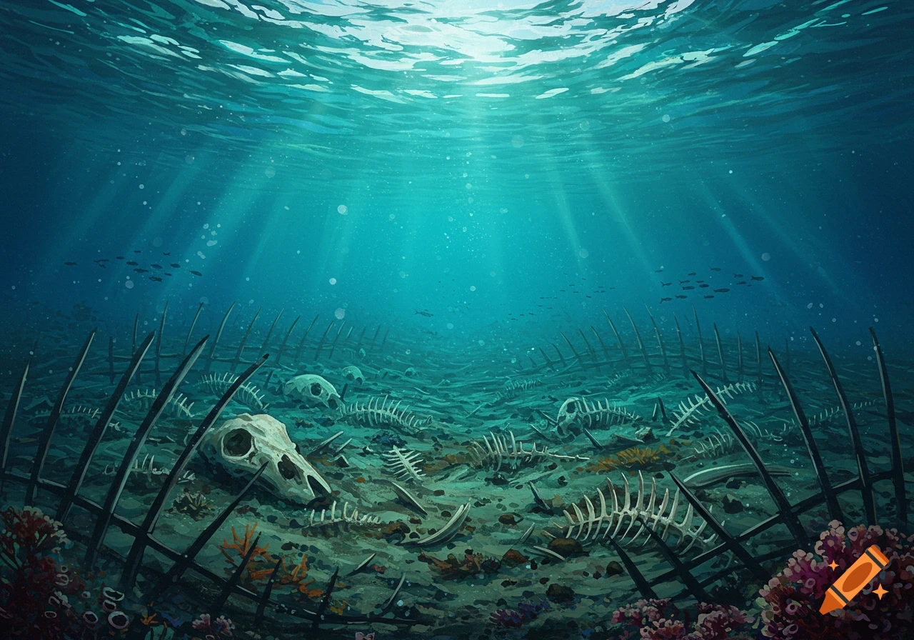 A seabed covered in skeletons with light rays from the surface.
