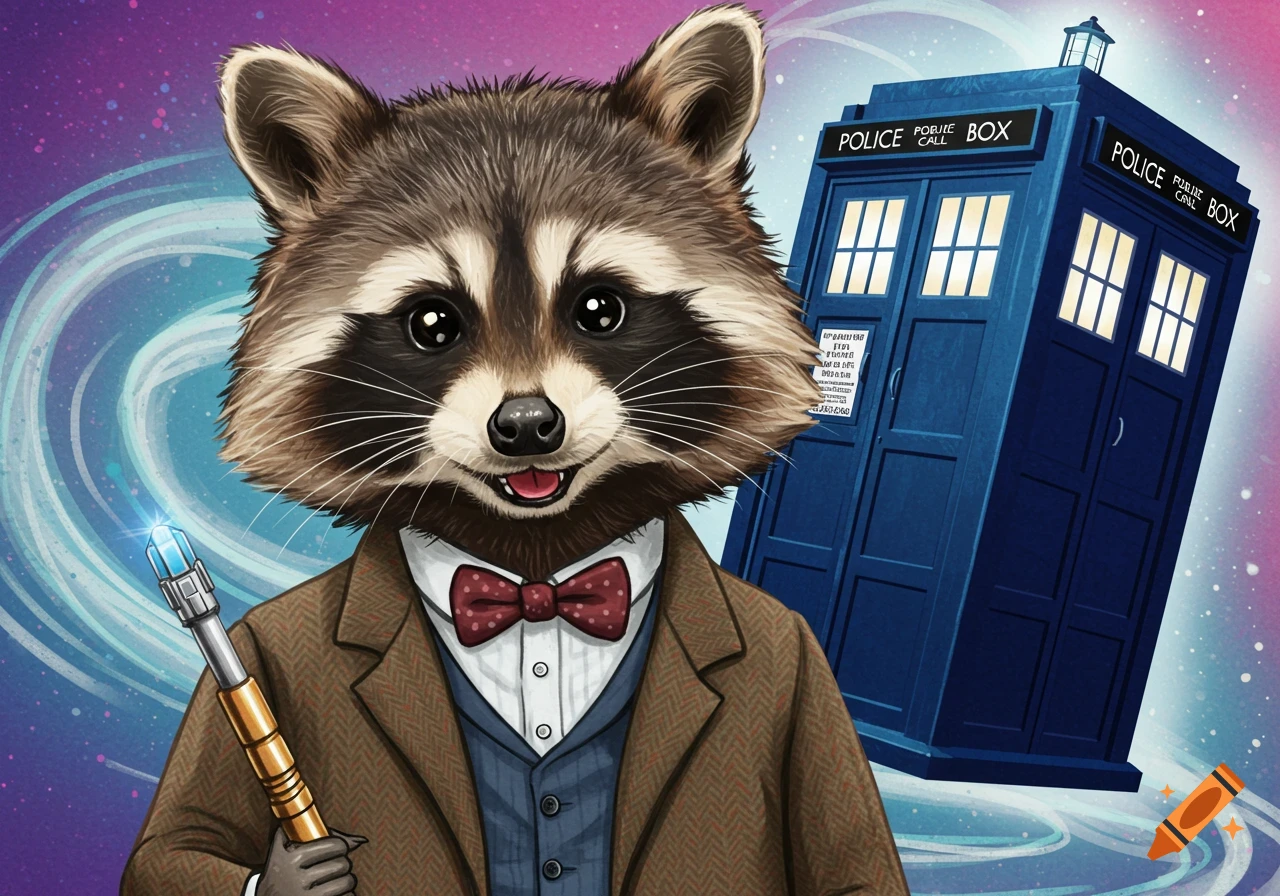 A raccoon dressed as Doctor Who holding a sonic screwdriver next to the TARDIS.