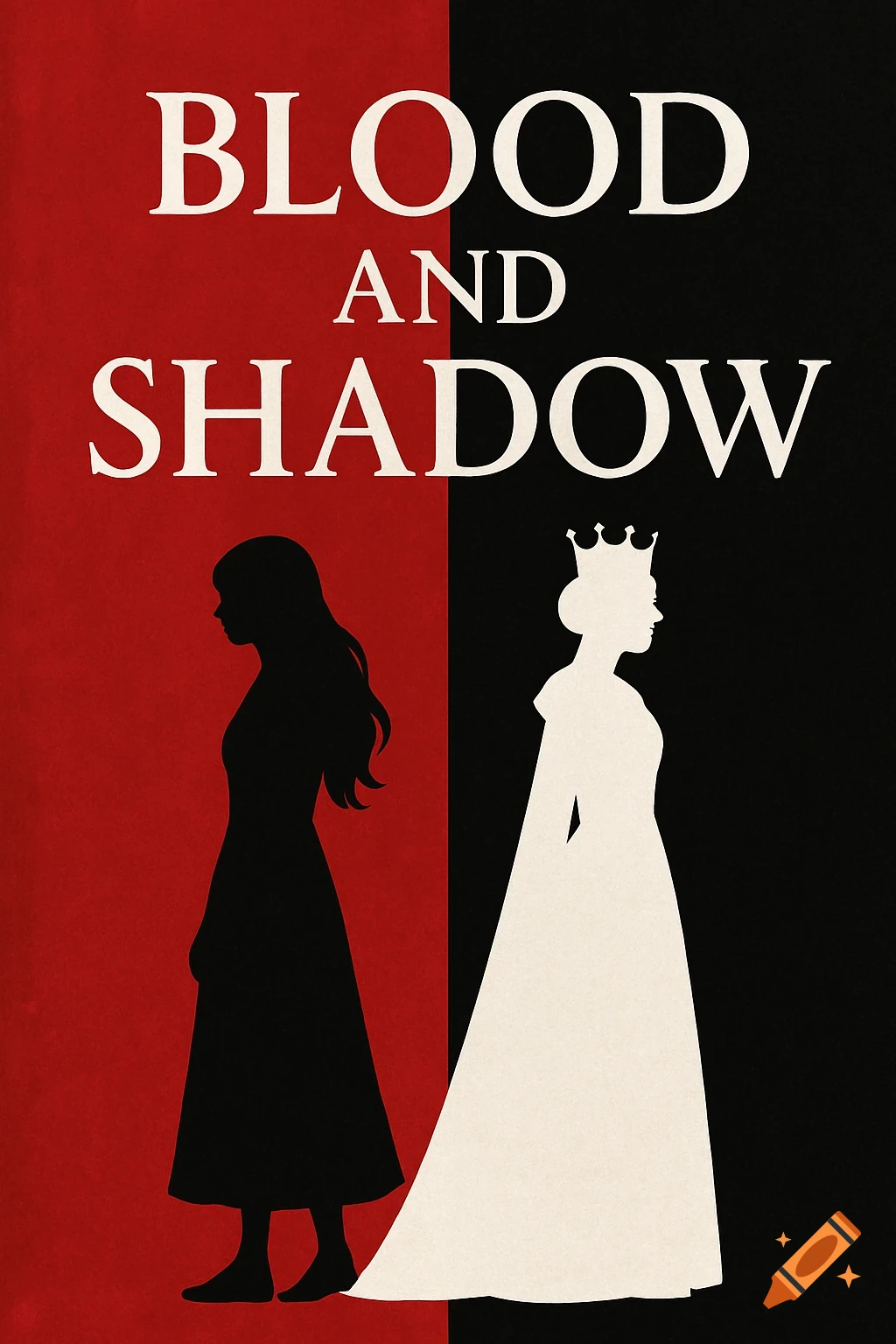 Book cover with 'BLOOD AND SHADOW' title, split red/black with silhouettes of a woman and queen facing away.