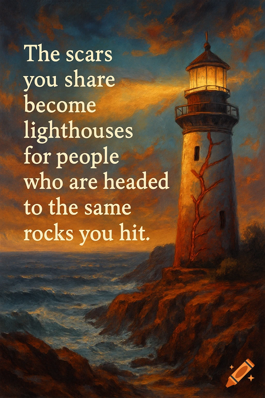 A lighthouse on a rocky cliff by the sea under dramatic clouds, with an overlaid motivational quote about scars as lighthouses.
