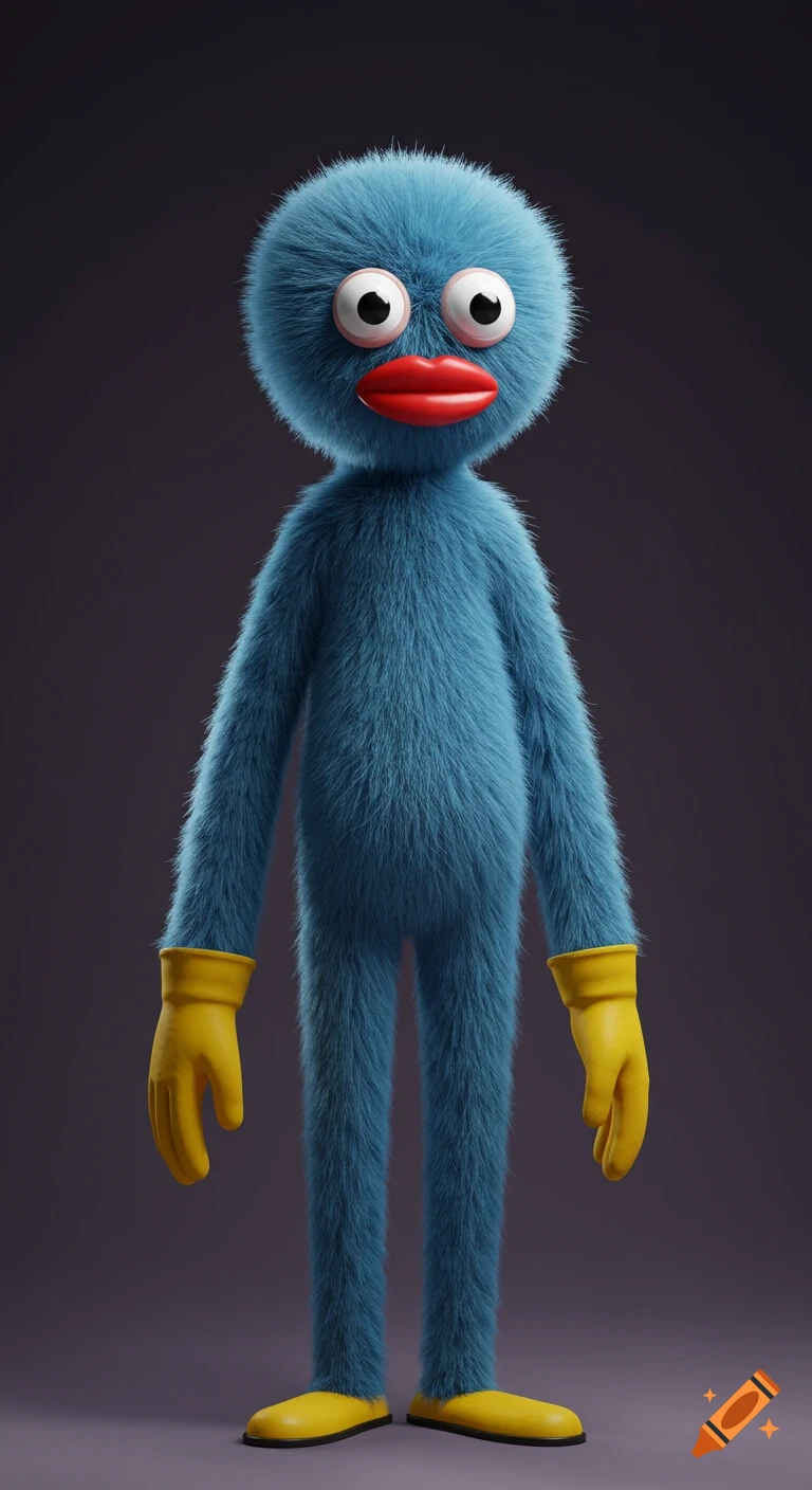A tall, blue, furry creature with googly eyes, red lips, and yellow gloves and feet.