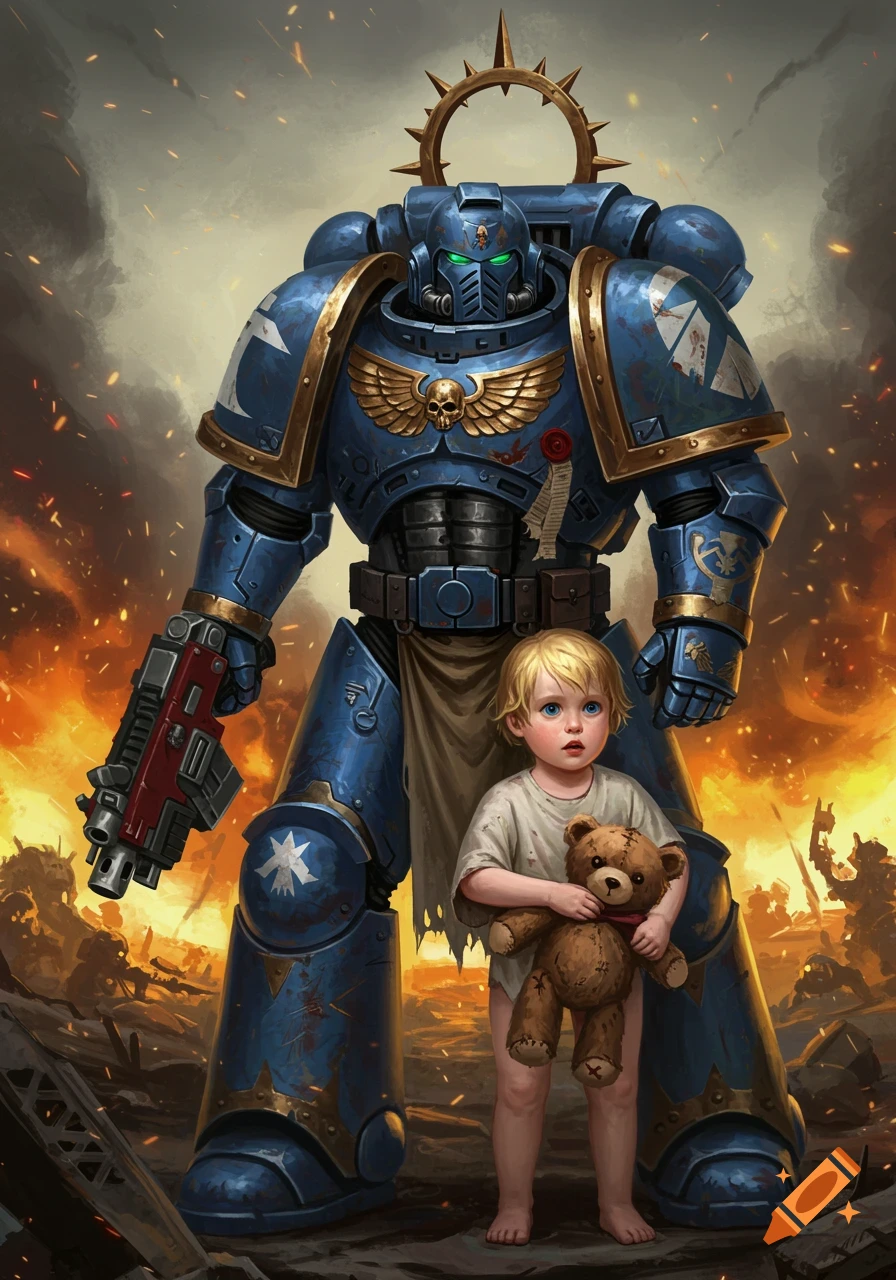 A Space Marine in blue armor stands protectively over a child holding a teddy bear on a chaotic, fiery battlefield. Digital art.