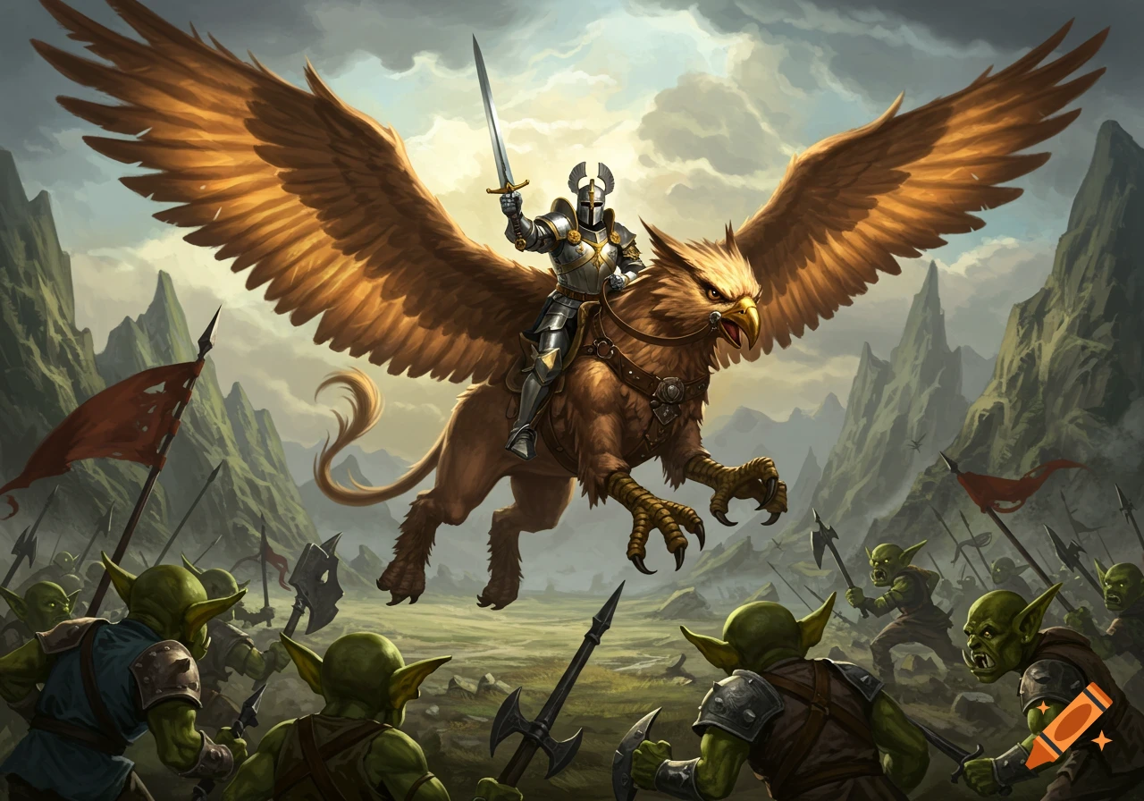 A knight riding a griffin flying into battle against goblins.