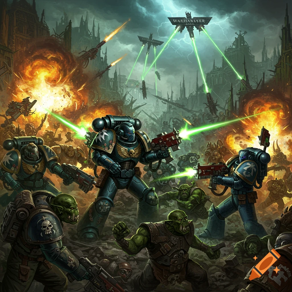 Warhammer 40k Space Marines battling Orks in a ruined city