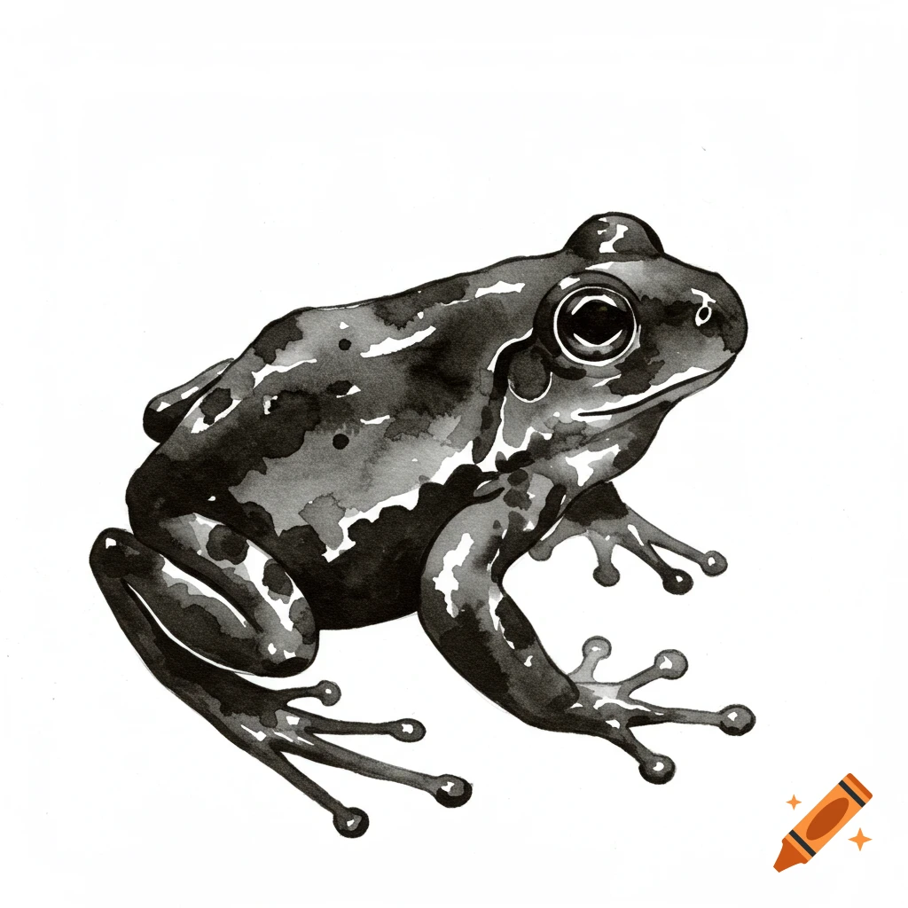 Black and white watercolor illustration of a frog on a white background.