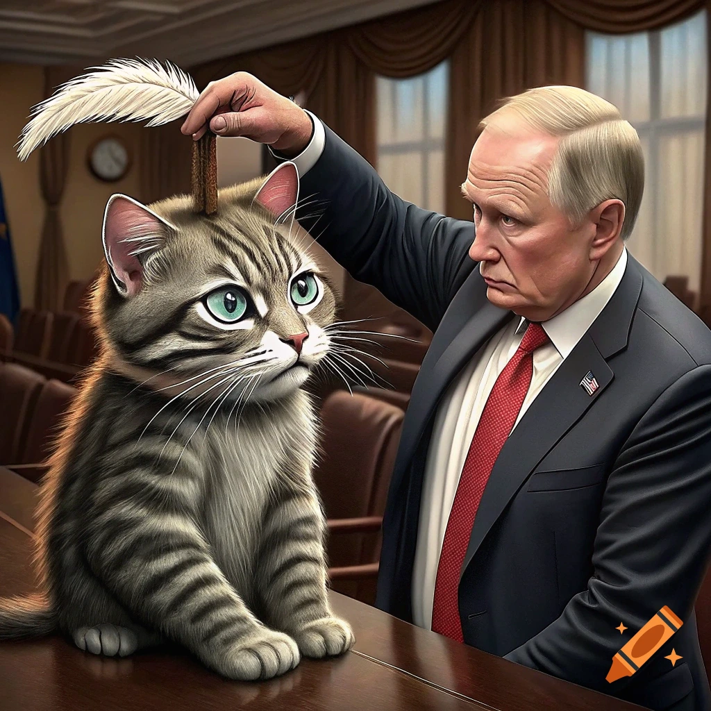 A man resembling Vladimir Putin holds a feather over a large tabby cat's head in a meeting room. Photorealistic style.