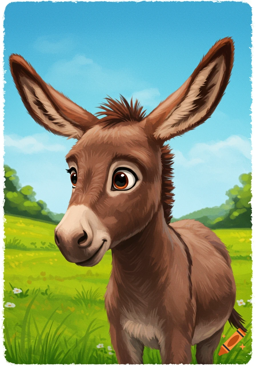 A cartoon donkey with big ears standing in a green field.