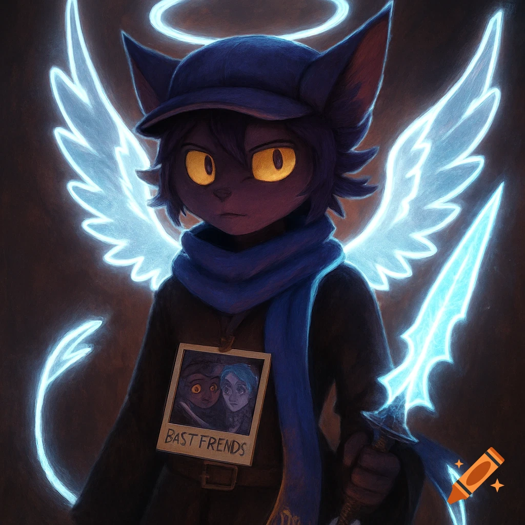 Fantasy portrait of a dark cat-like creature with glowing wings and halo, holding a glowing sword, wearing a hat and scarf, with a photo pinned to their chest.
