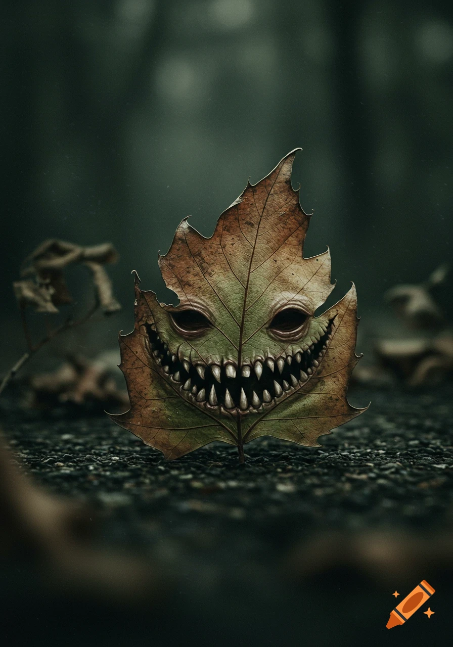 A spooky leaf with a monstrous face sits on the ground