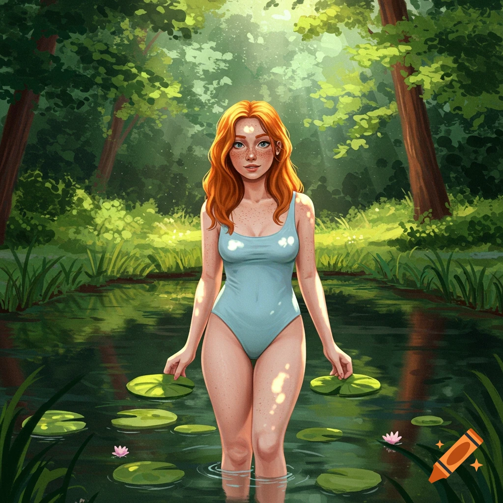 A young woman in a light blue swimsuit stands in a forest pond surrounded by lily pads.