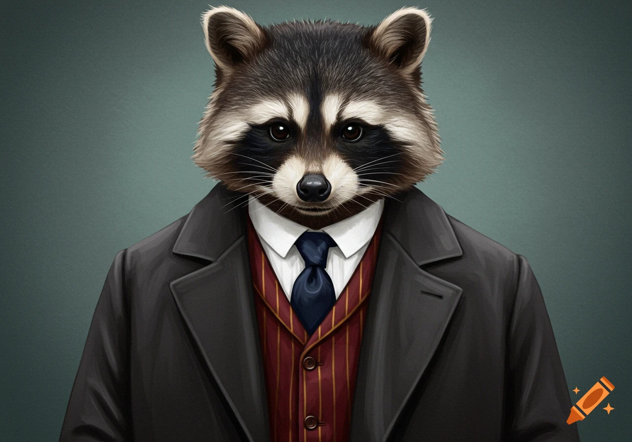 A raccoon wearing a dark grey lounge coat, a white shirt, a navy blue tie, and a pinstriped red waistcoat.