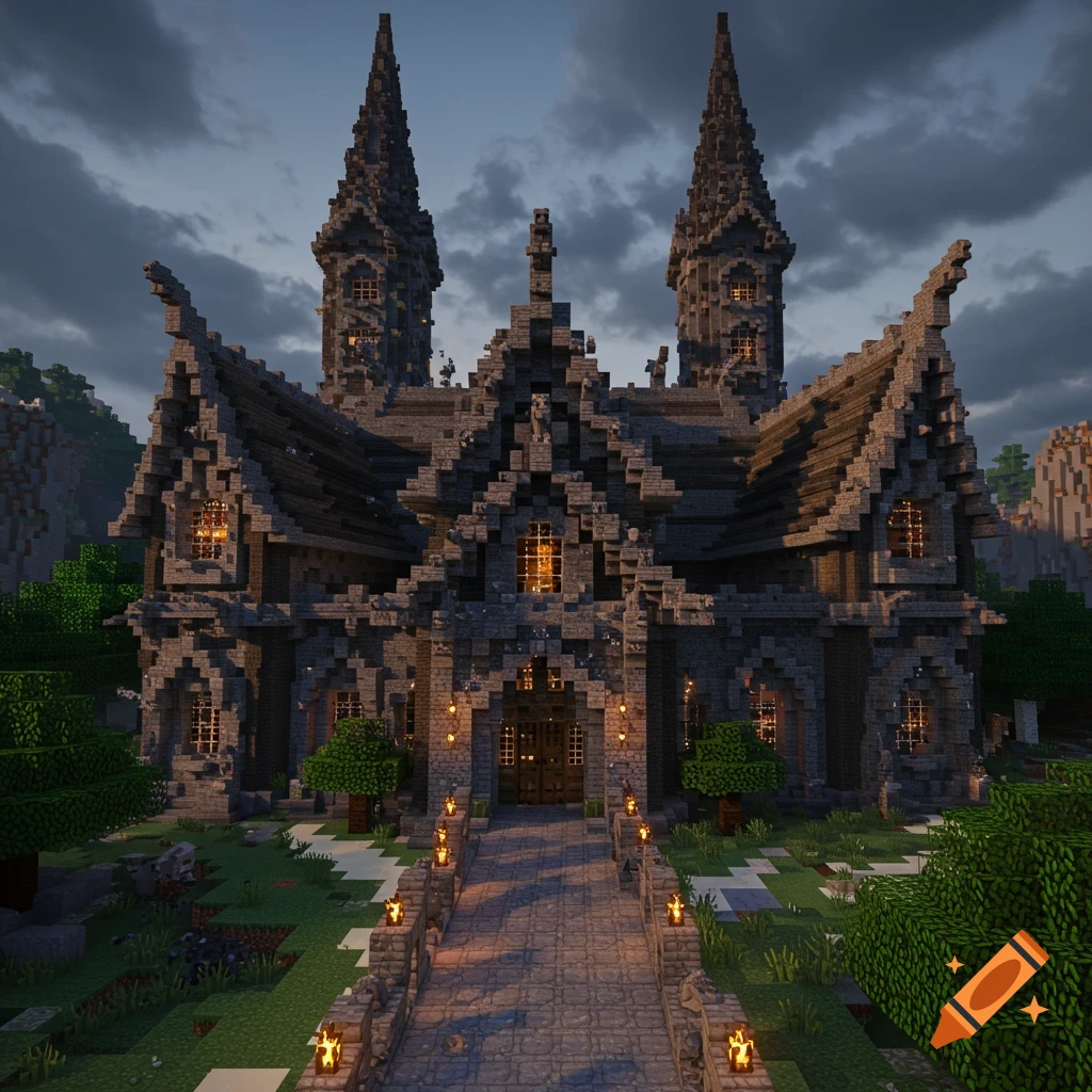 A gothic-style house built from blocks in the Minecraft video game style, seen at dusk.