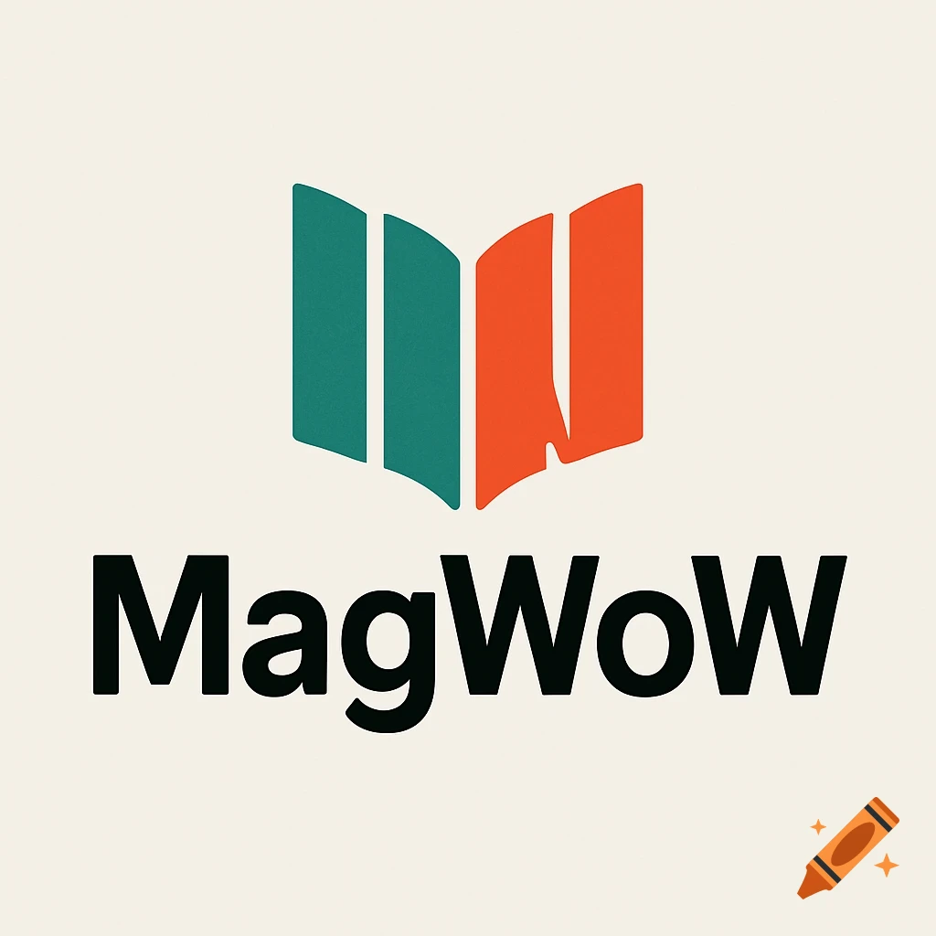 Logo for MagWoW featuring a stylized green and orange open book symbol above the text MagWoW in black.