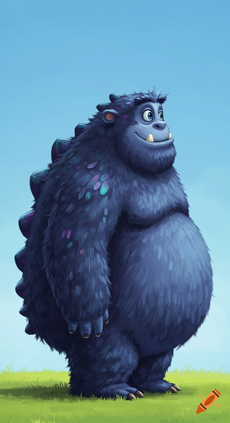 A large, friendly blue monster with scales stands in grass.