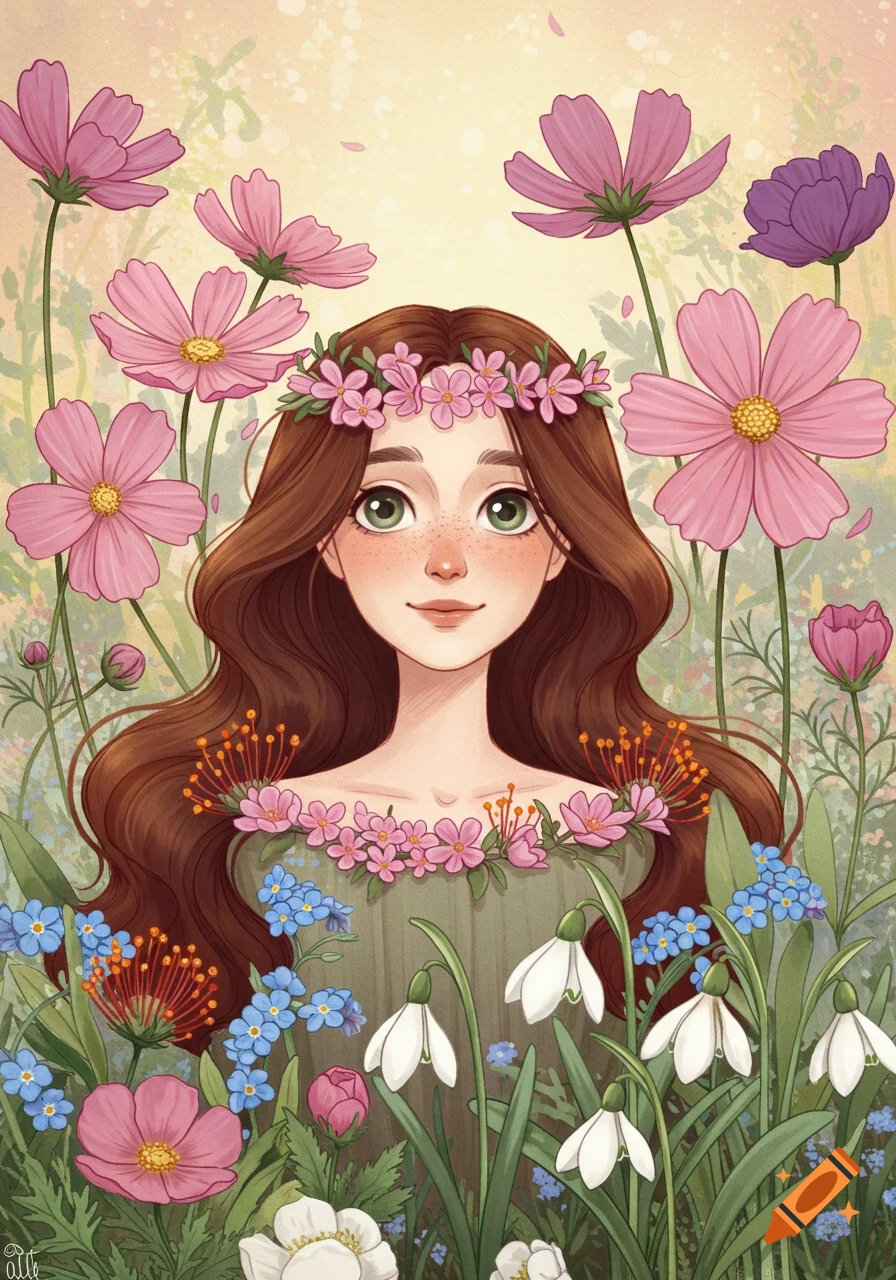 A young woman with flowers in her hair and around her neck, surrounded by various blooming flowers.