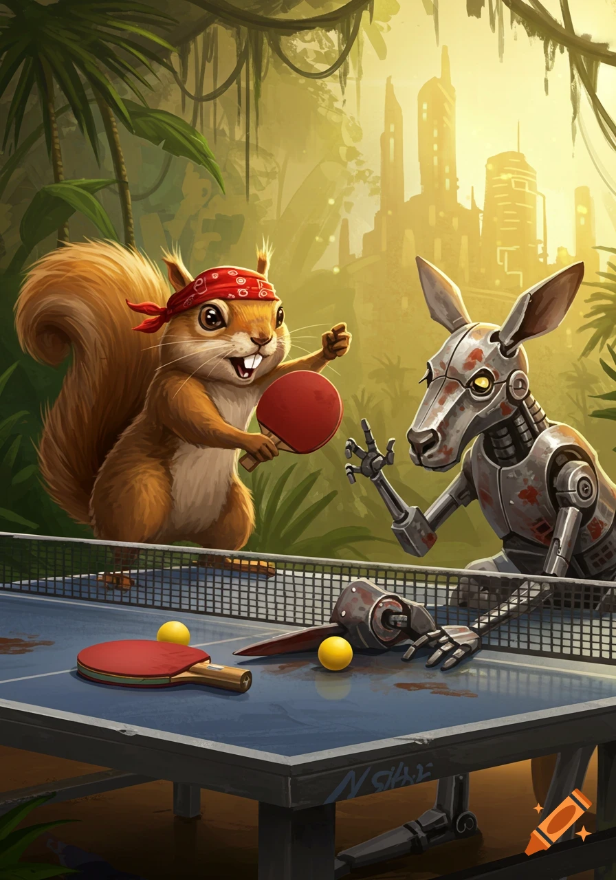 A squirrel wearing a bandana plays ping pong against a robot kangaroo in a jungle setting with a futuristic city.