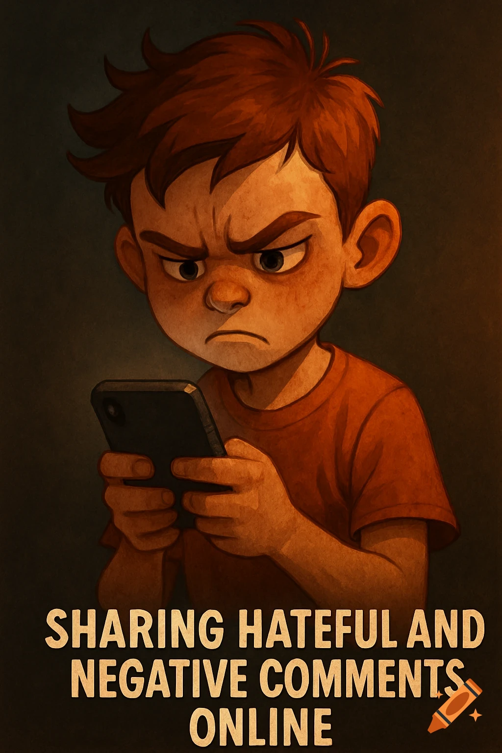 Cartoon of an angry boy texting on a smartphone with text about hateful comments.