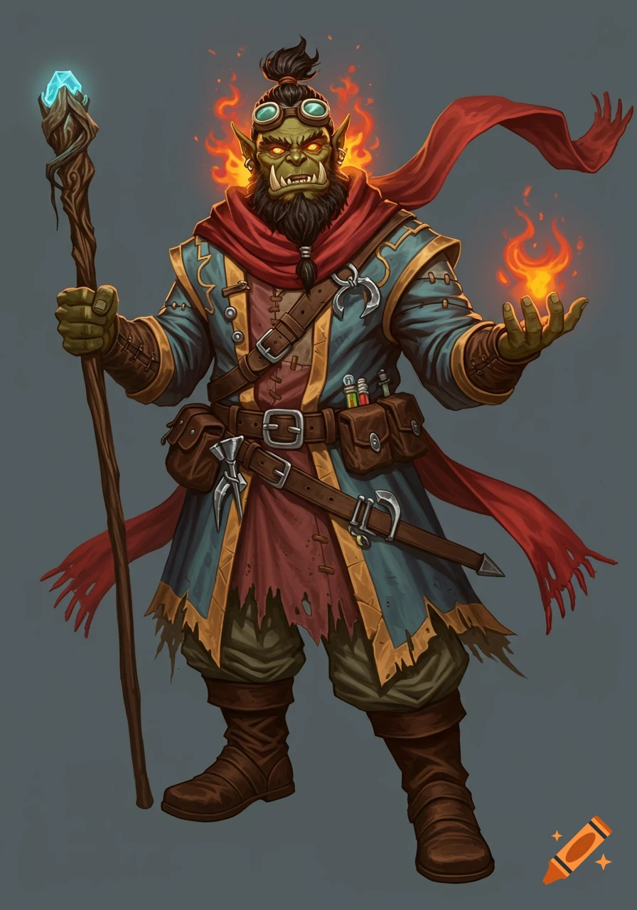 A burly orc sorcerer in tattered robes with fire on his head and hand, holding a staff.