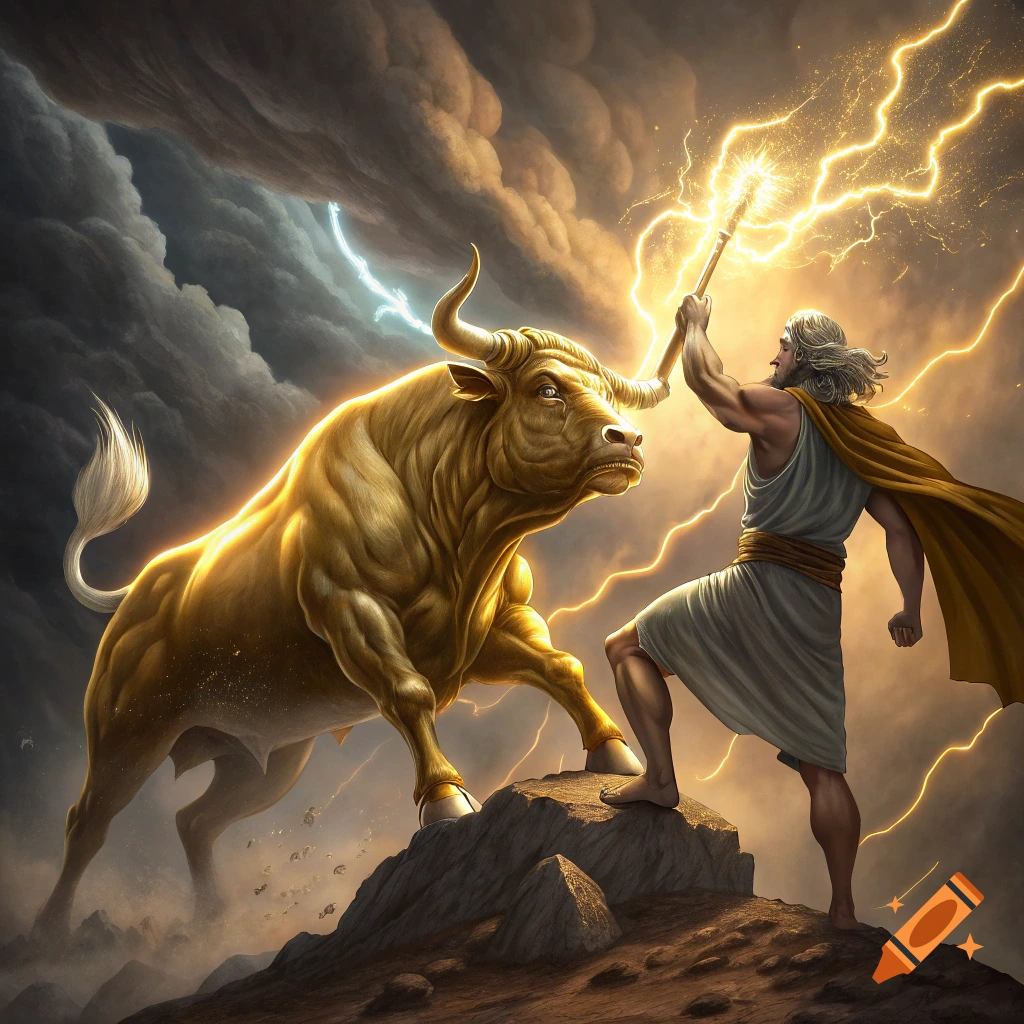 Mythological figure battling golden bull with lightning on a rocky peak under stormy skies.