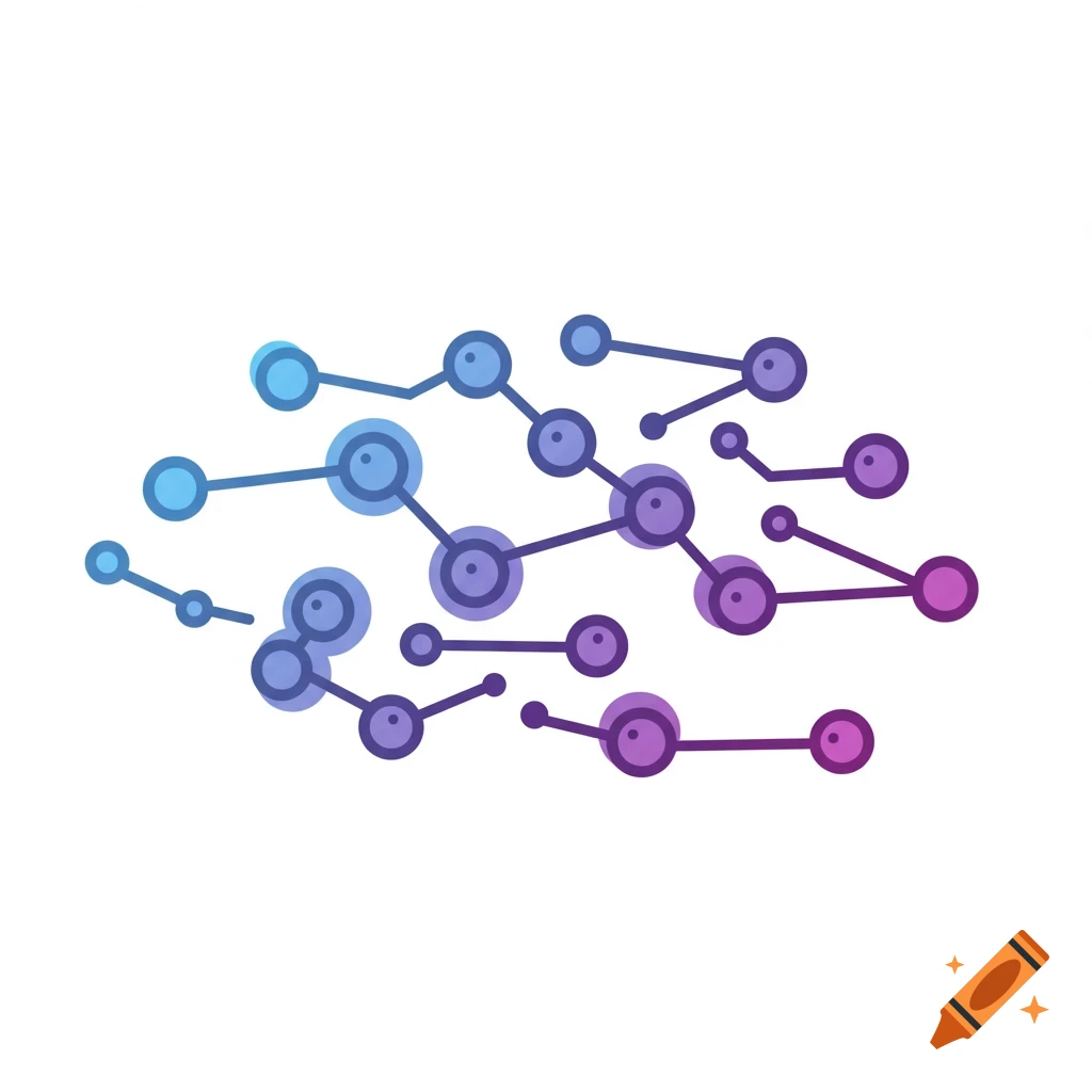 Abstract illustration of connected nodes in blue and purple, like a network or synapses.