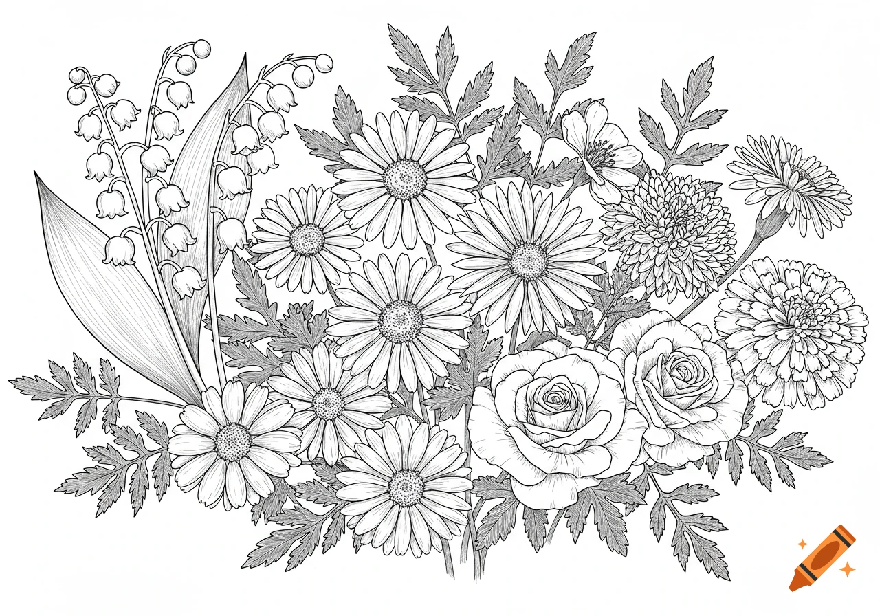 Black and white line drawing of a bouquet of daisies, roses, lily of the valley, and other flowers.