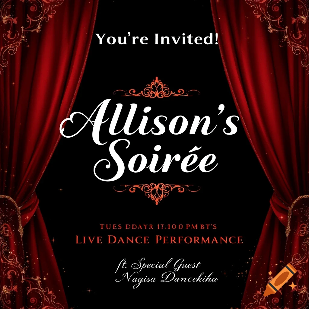 Elegant invitation for Allison's Soirée with red curtains and decorative flourishes.