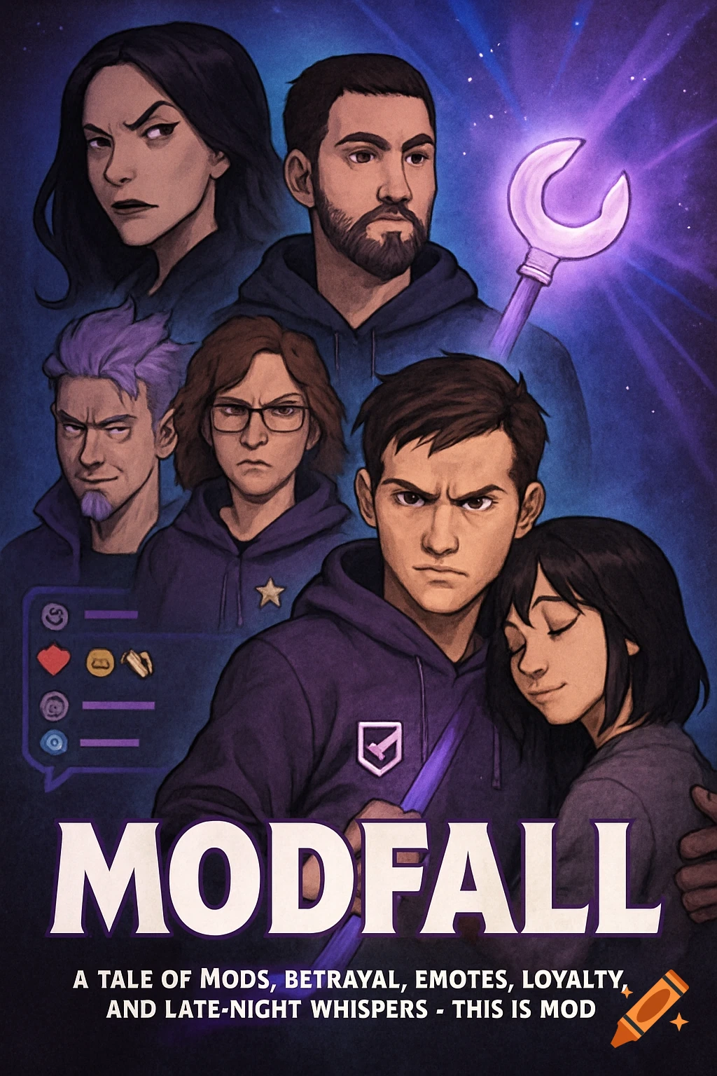 Movie poster illustration featuring a group of stern-faced characters and the title MODFALL.