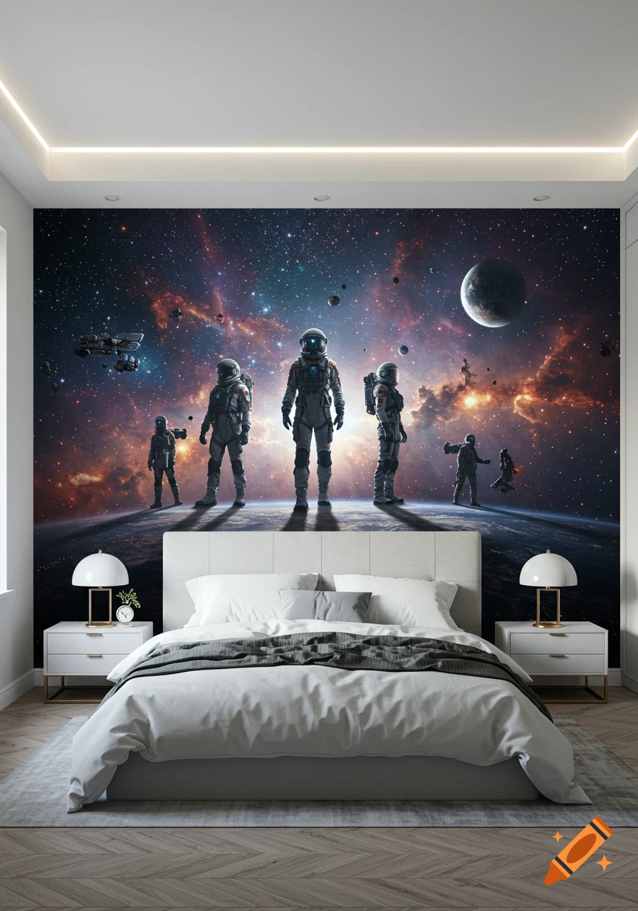 A bedroom with a space-themed wallpaper featuring astronauts on a planet surface with a galaxy background.