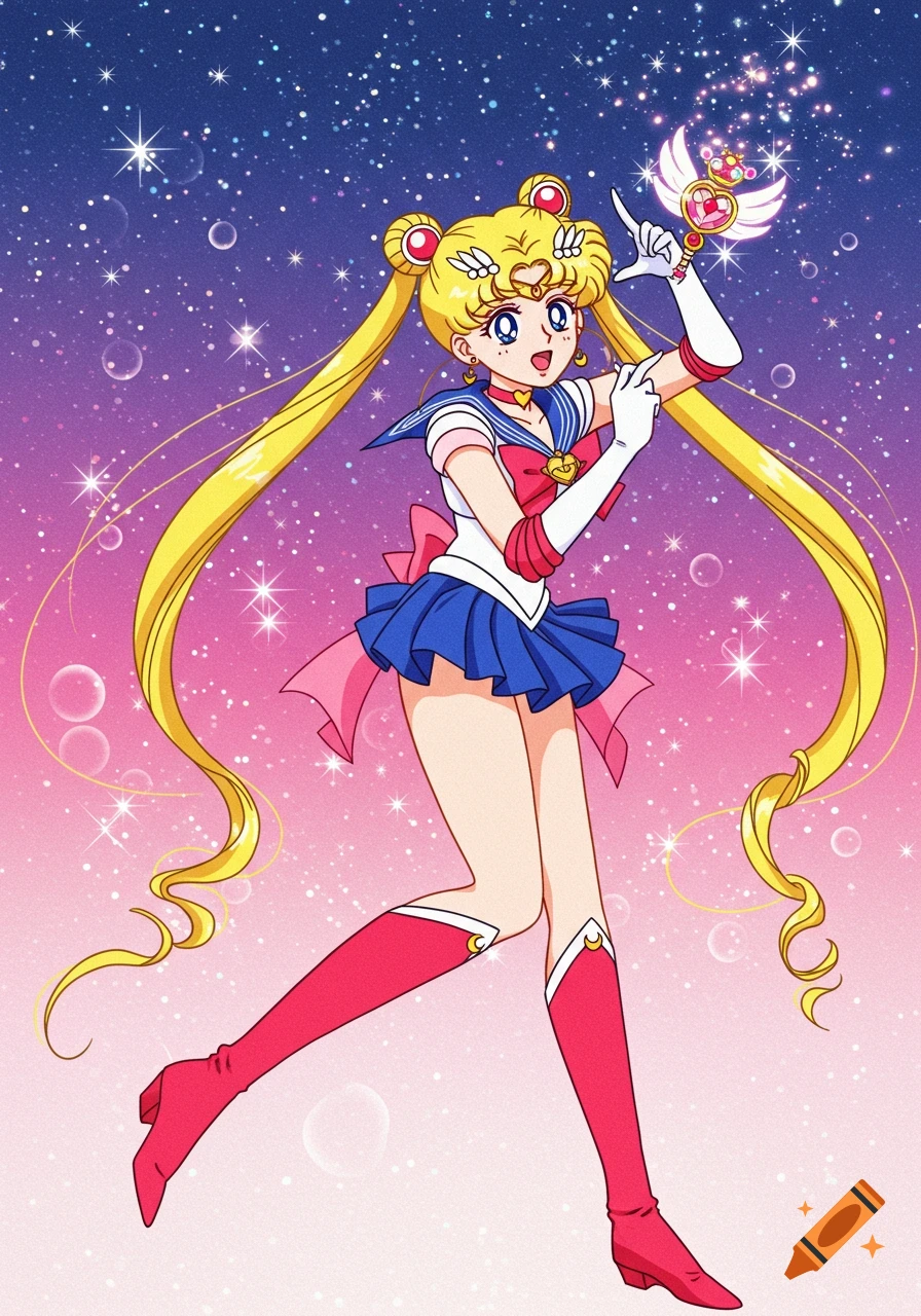 Sailor Moon in her costume posing with a magic wand against a starry pink and blue background in 90s anime style.