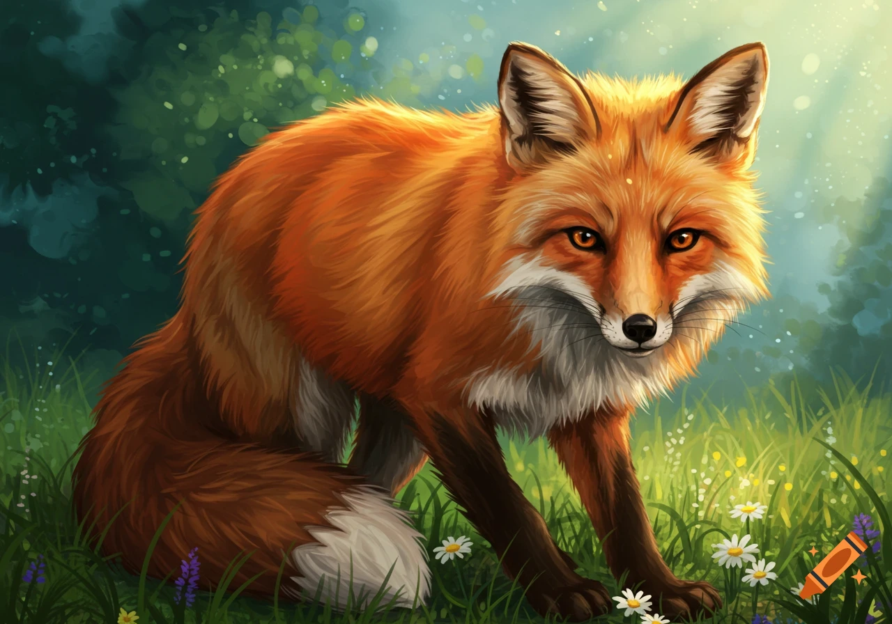 A red fox sitting in a sunlit forest clearing.