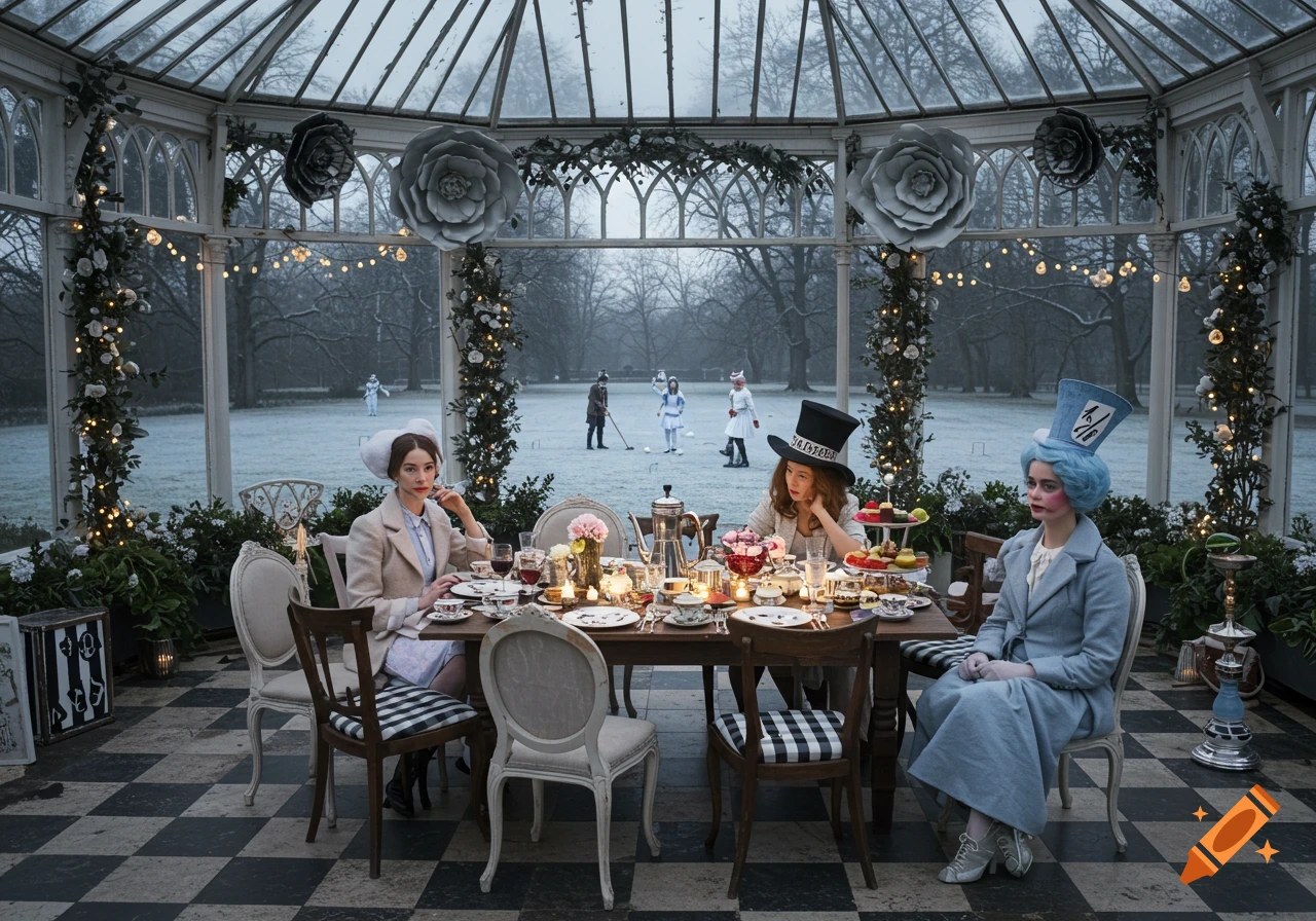 Alice in Wonderland themed tea party in a glass conservatory during winter.