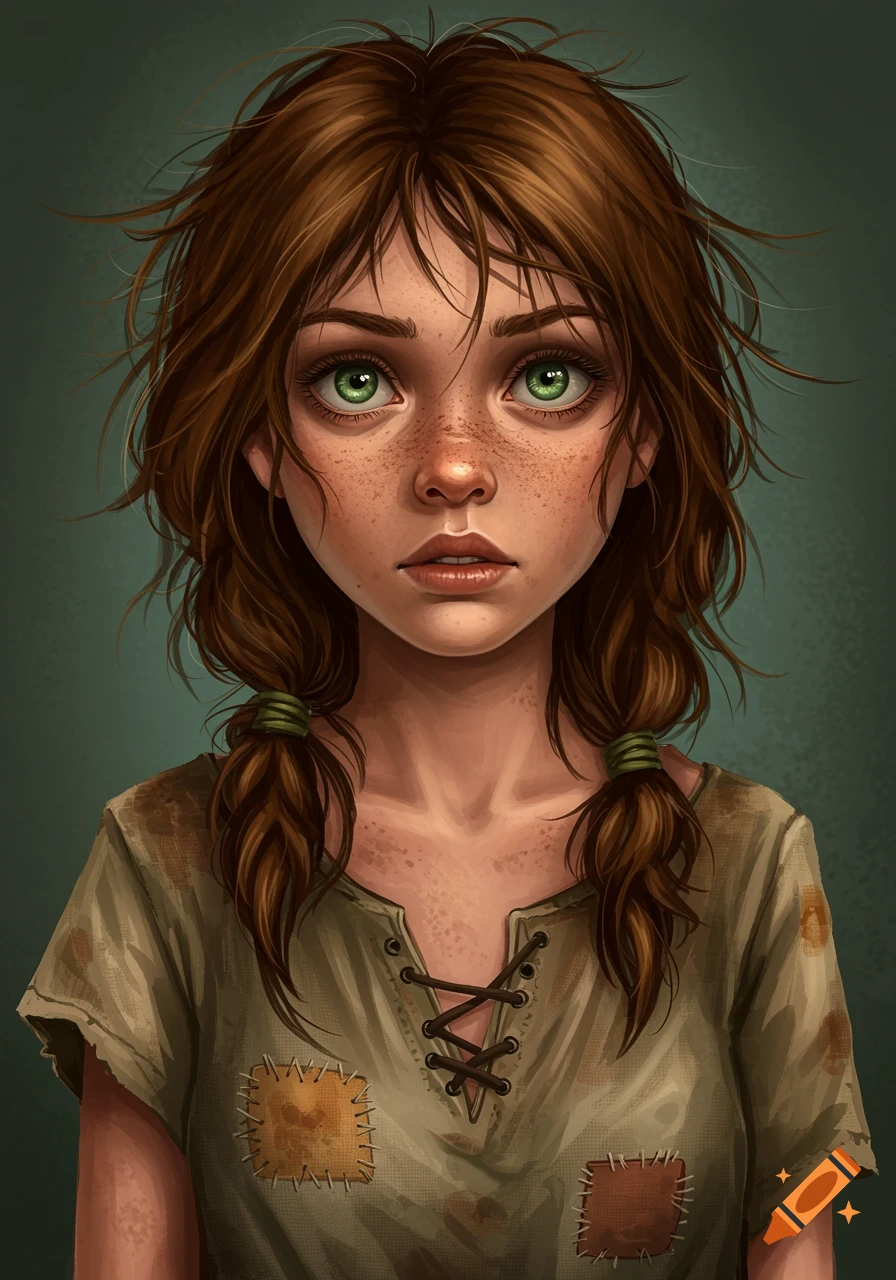 Portrait of a girl with messy brown hair, green eyes, freckles, and a patched shirt.