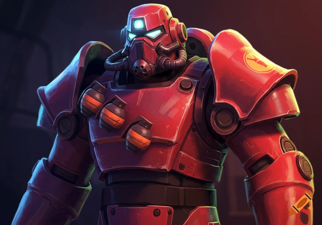 Red power armor suit with glowing eyes and grenades.