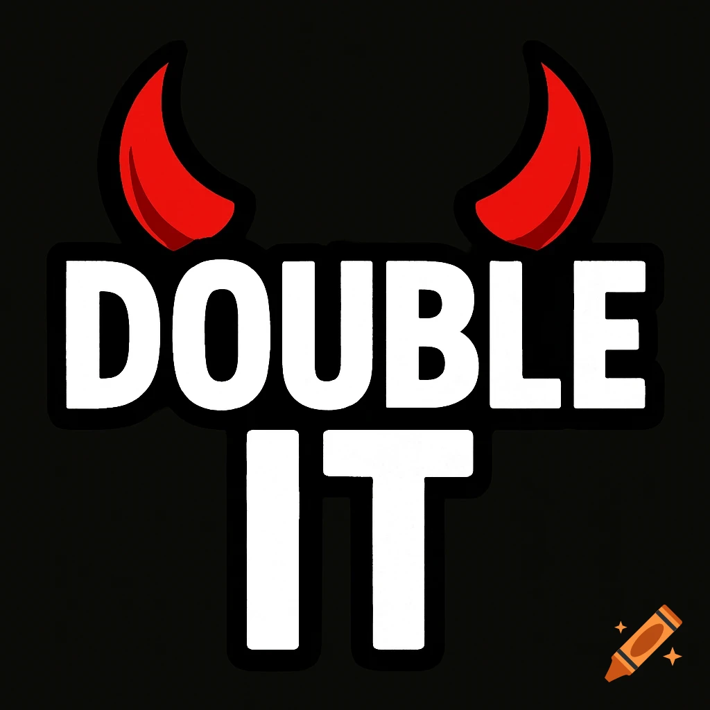 Graphic with white text 'DOUBLE IT' and red devil horns on black background.