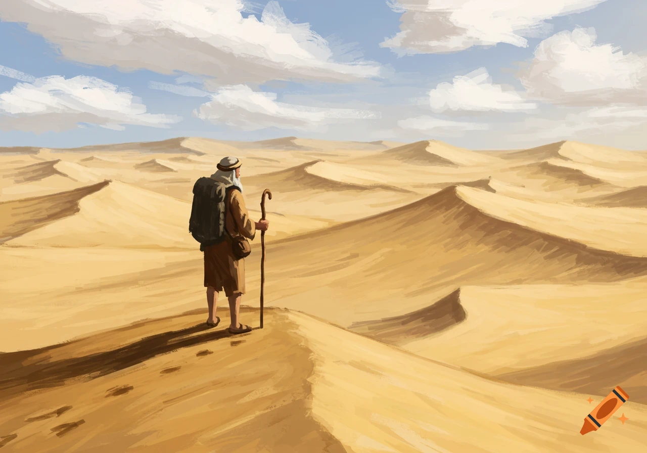 A traveler looking out over a vast desert landscape with dunes under a cloudy sky.