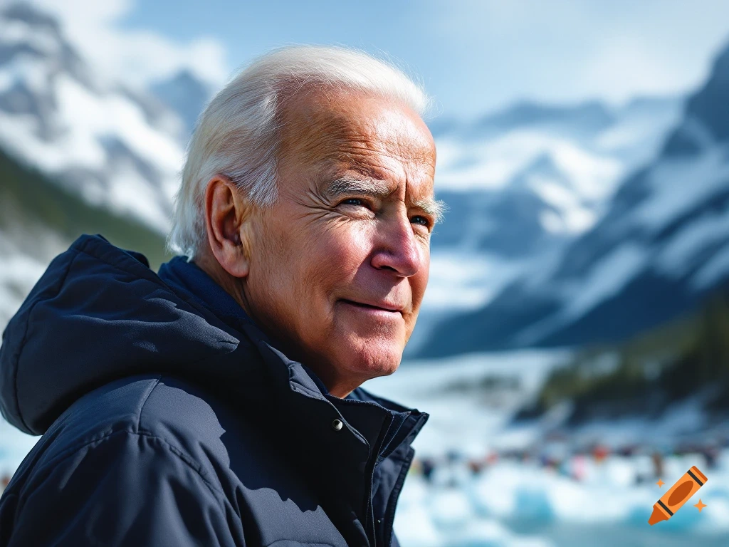 Close-up of a man resembling Joe Biden in a dark jacket, looking right, with a snowy mountain landscape and glacier in the background.