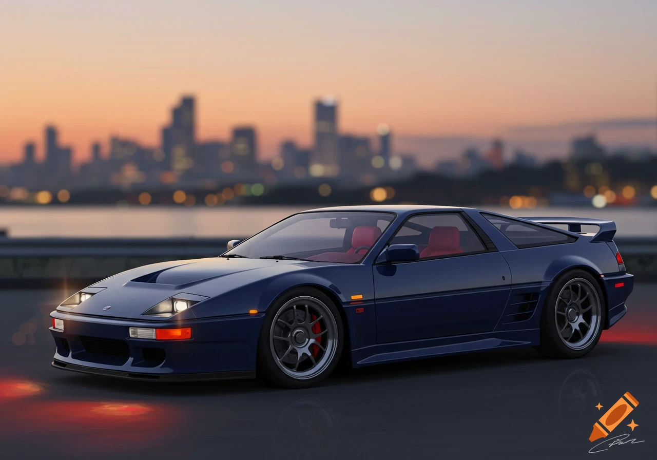 A blue sports car at dusk with a city skyline in the background.