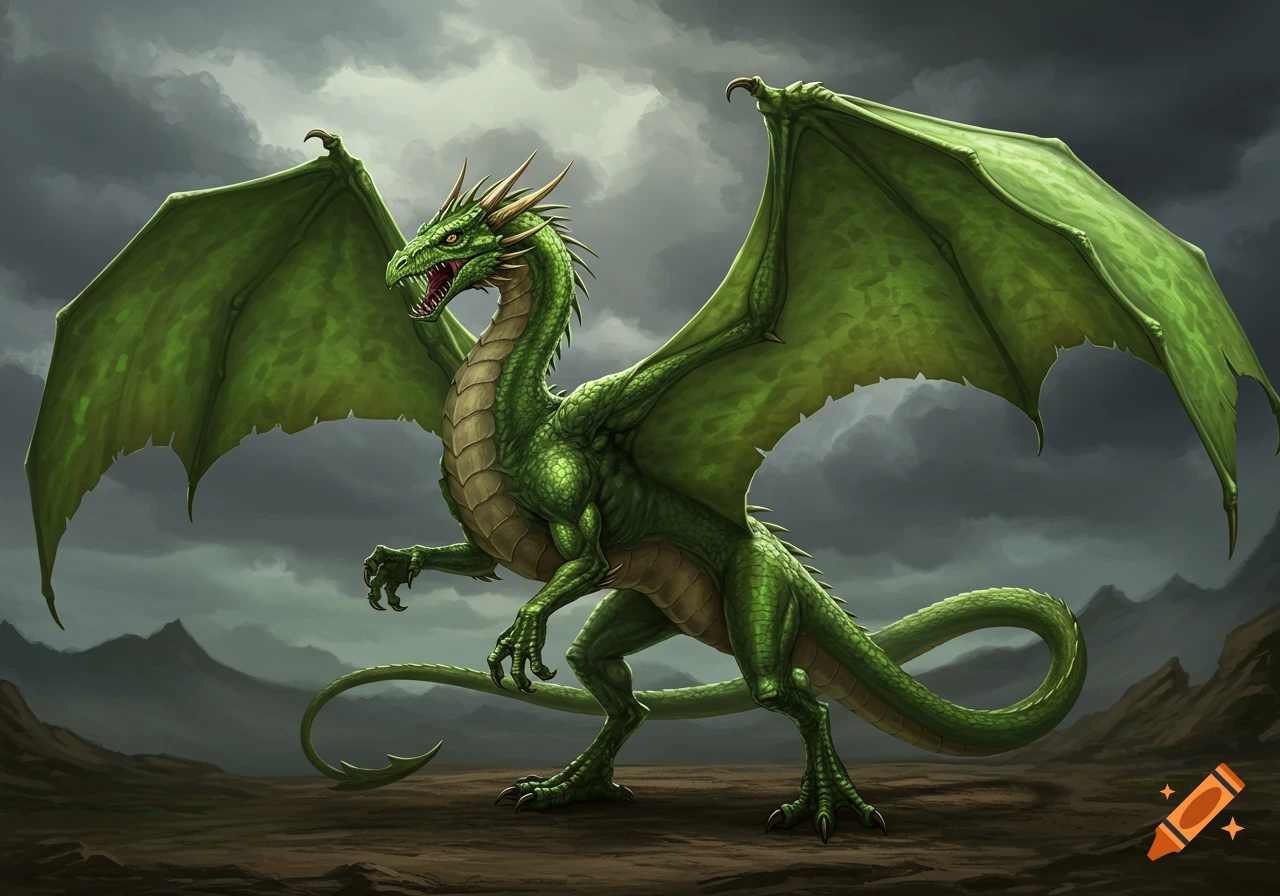 A detailed green wyvern stands in a fantasy landscape.