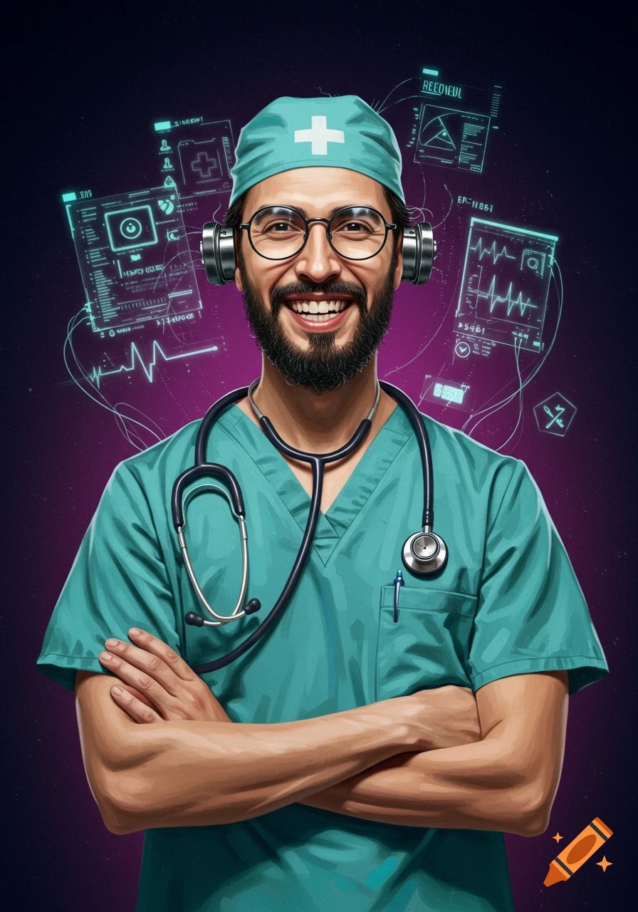 A smiling futuristic doctor in scrubs and headphones with holographic medical screens surrounding him.