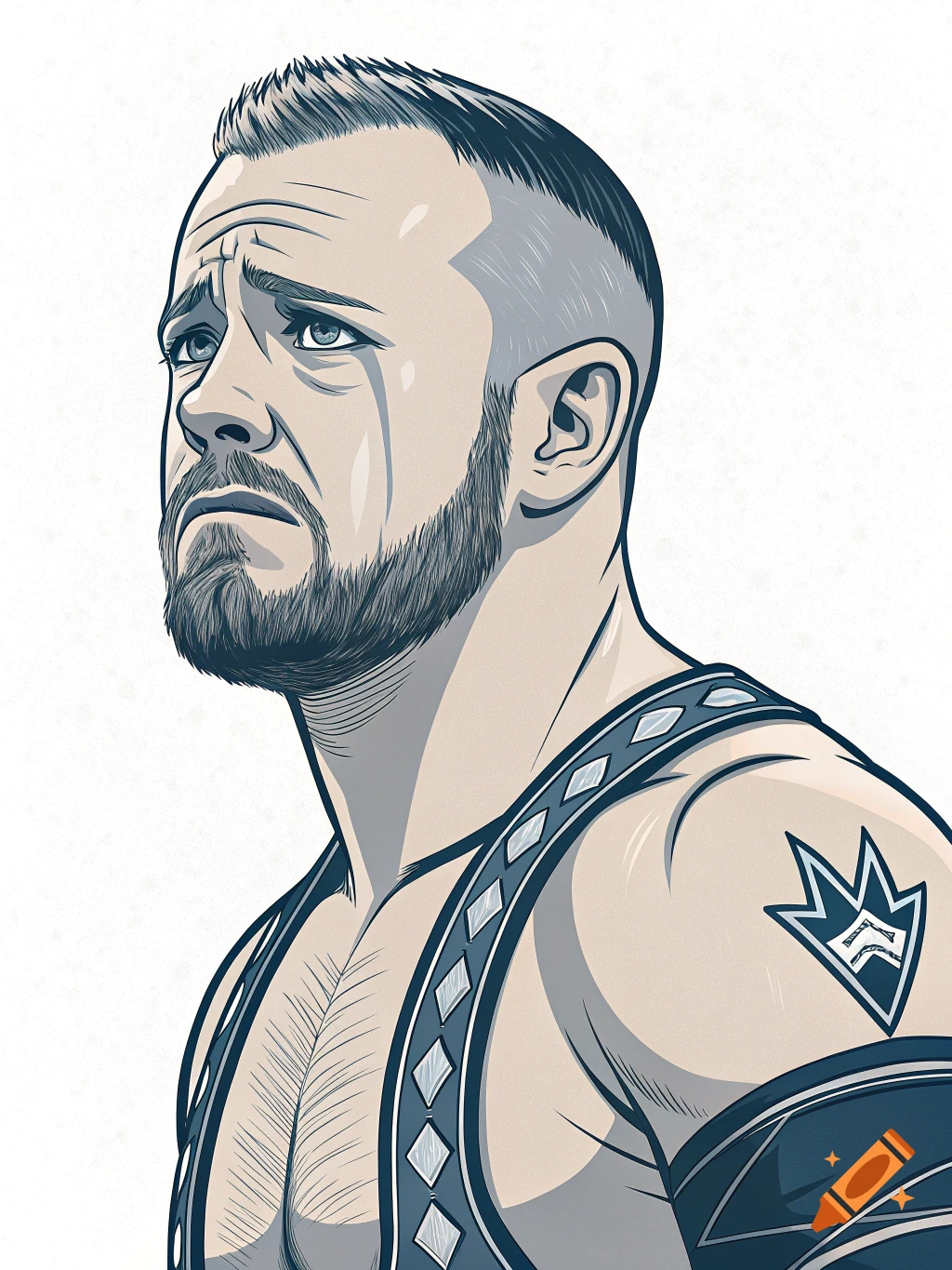Vector graphic portrait of a sad male wrestler with a beard and short hair, wearing a singlet.