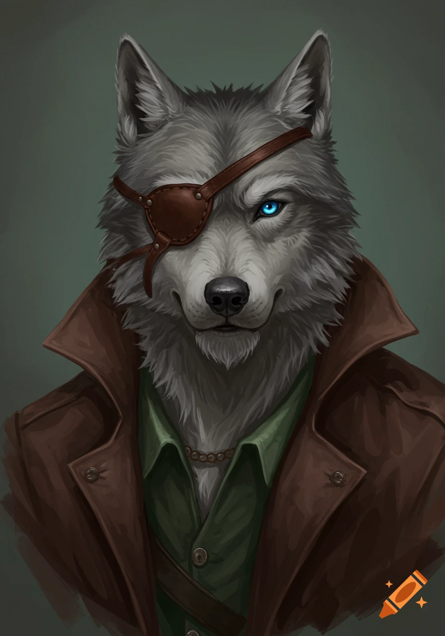 A grey wolf character wears an eyepatch, a brown coat, and a green shirt.