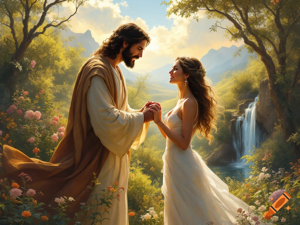 A beautiful depiction of Jesus holding hands with a bride in a lush garden with a waterfall and mountains.