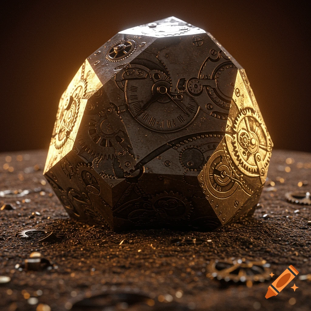 A close-up of a metallic, many-sided object covered in intricate steampunk gears and clockwork patterns, sitting on a dark, textured surface.