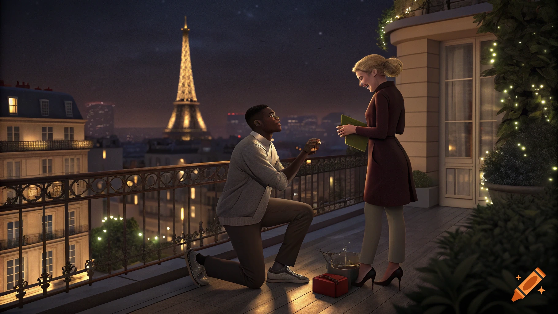 Man proposes to woman on Paris balcony at night with Eiffel Tower.
