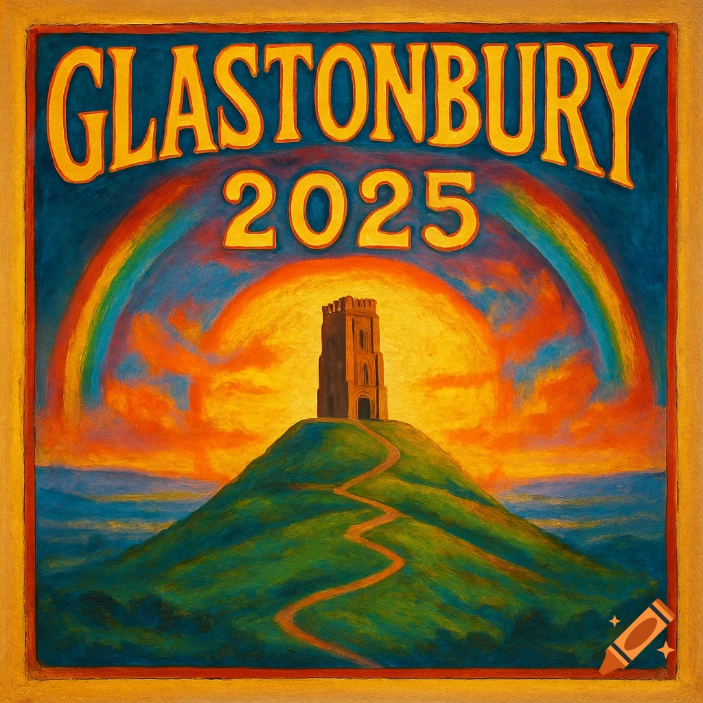 Glastonbury Tor at sunset with rainbow, labeled GLASTONBURY 2025