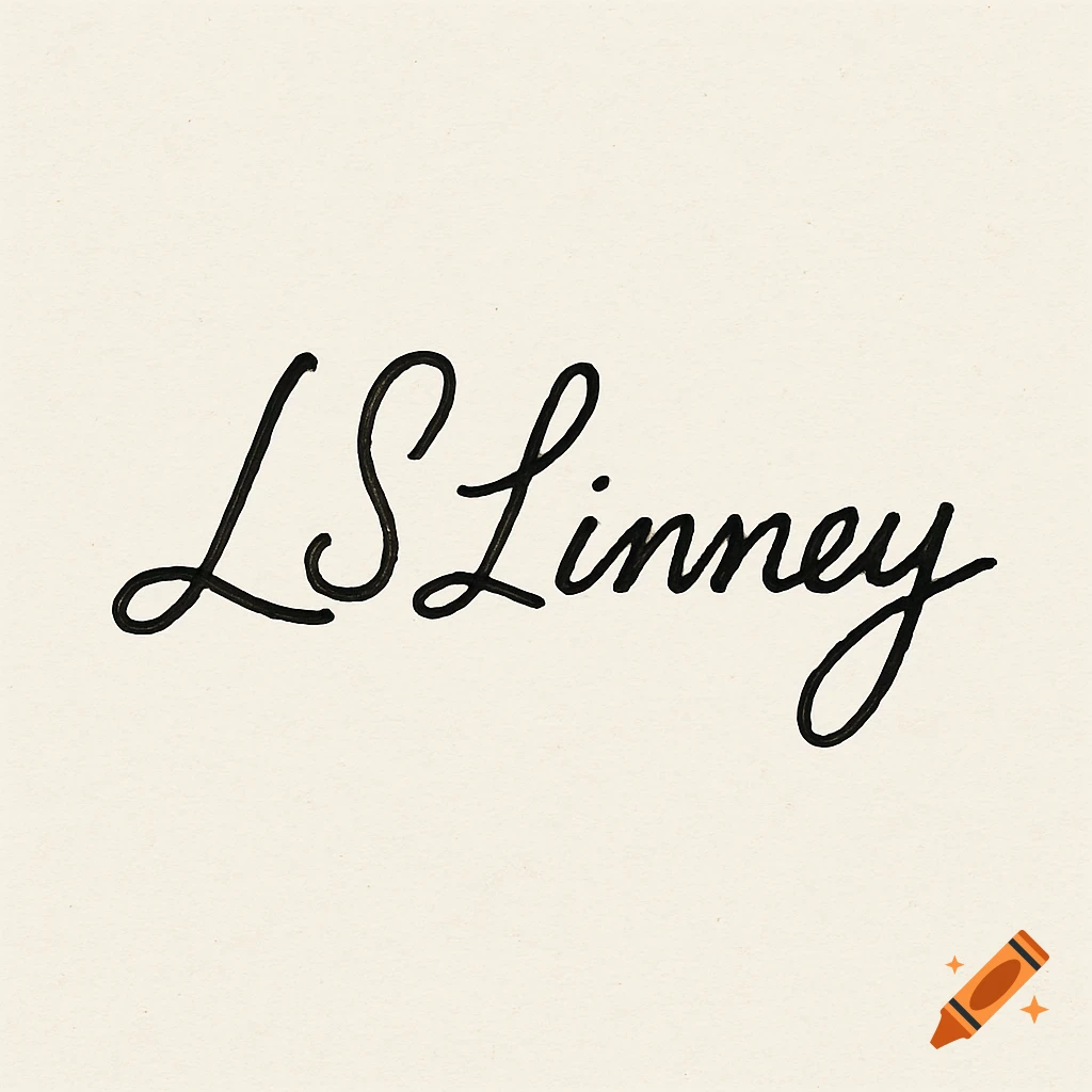 Black script signature LS Linney on a light background.