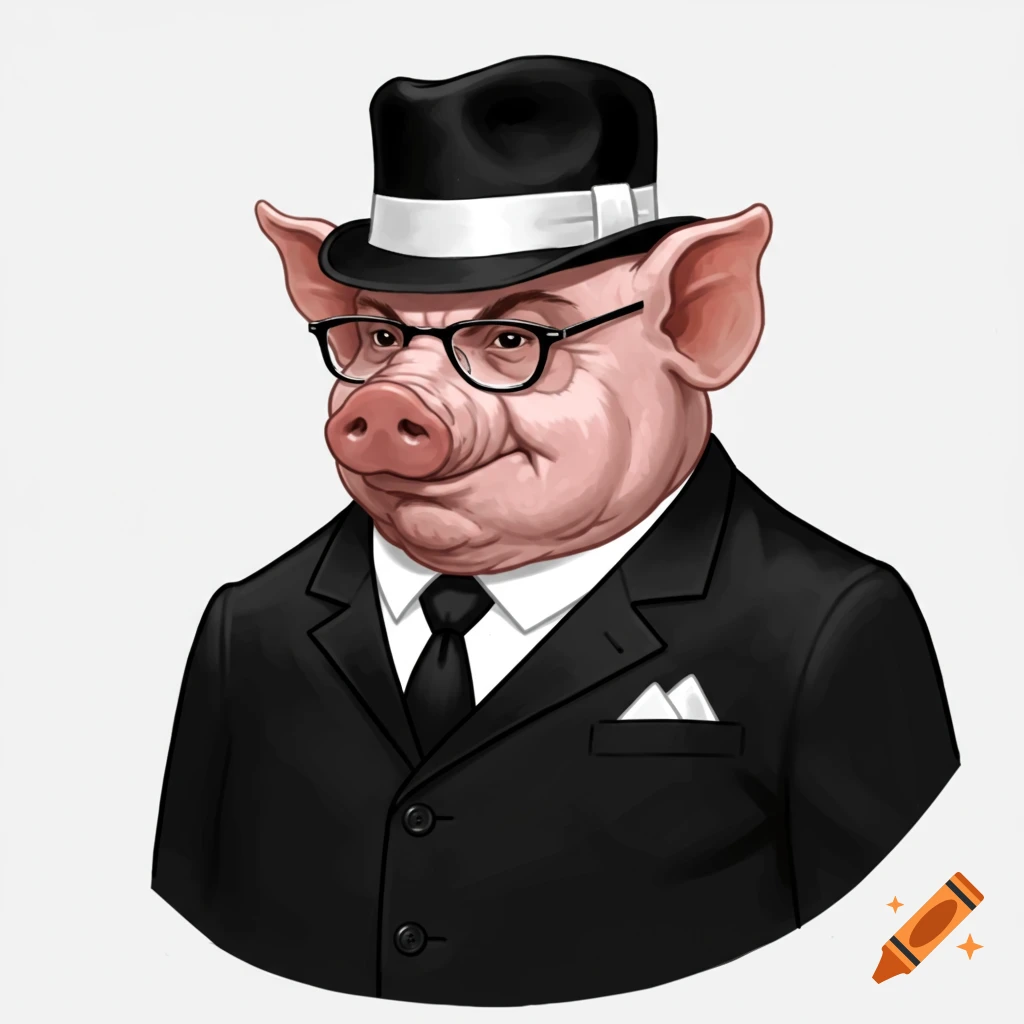 Illustration of a pig character wearing a suit, tie, hat, and glasses.