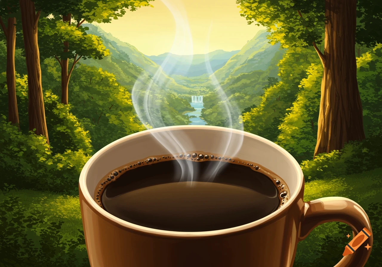 A steaming coffee cup with a view of a forest and waterfall