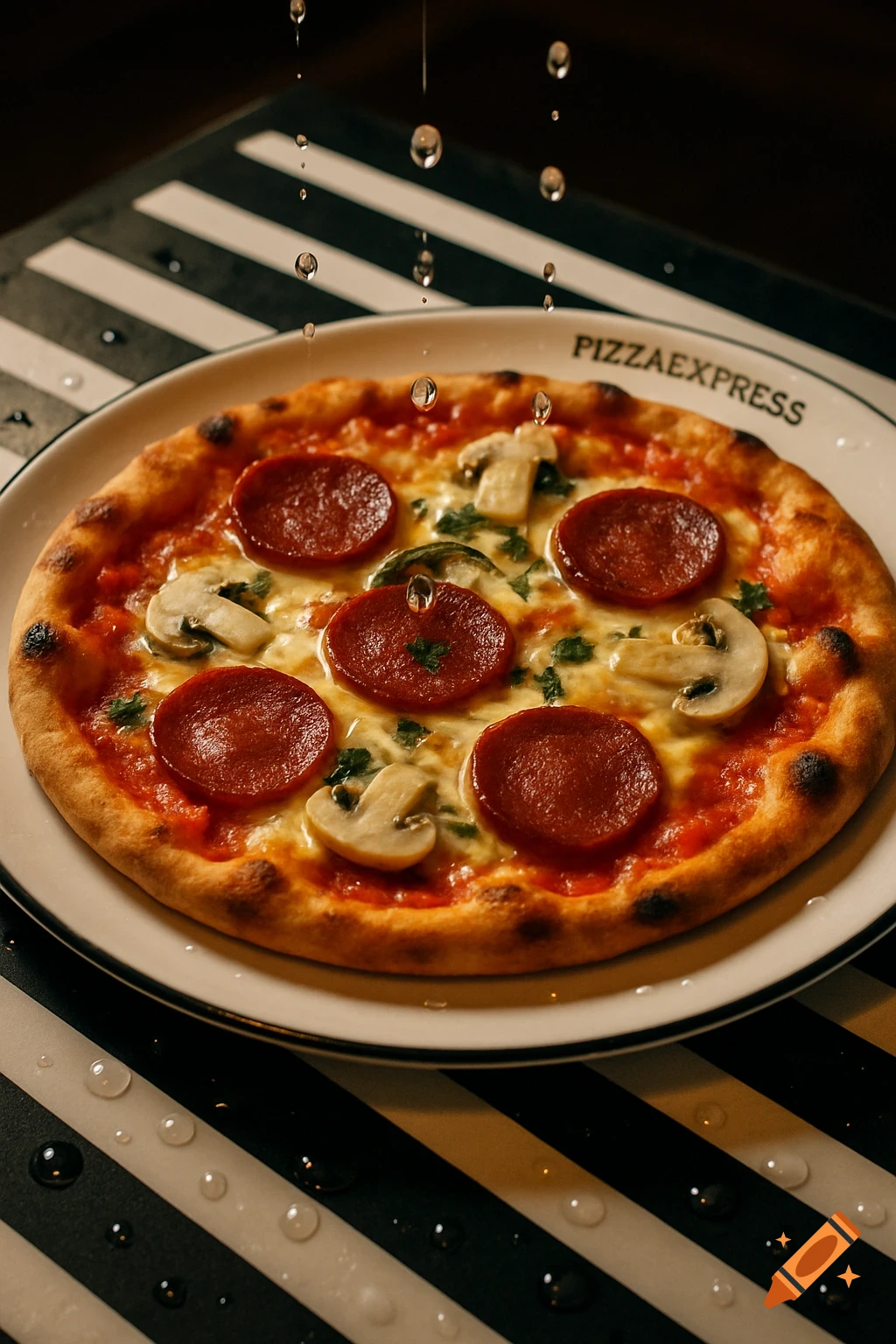 Close up of a pepperoni and mushroom pizza on a plate with water droplets