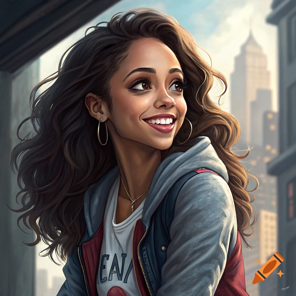 Stylized portrait of a woman with curly hair smiling in an urban setting.